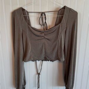 URBAN Romantics Long Sleeve Crop Top - Gray Shiny Double Tie
